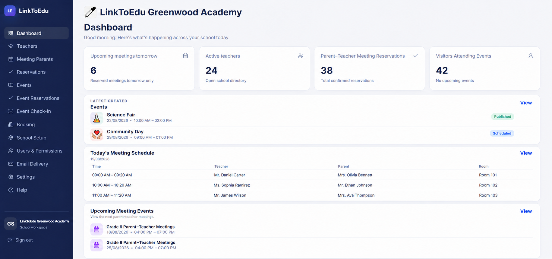 LinkToEdu dashboard with school activity summaries, upcoming meetings, recent events, and today's schedule.